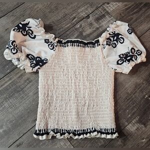 Puffy Sleeve, Pattern, Scrunch Crop Top White Black Size Small